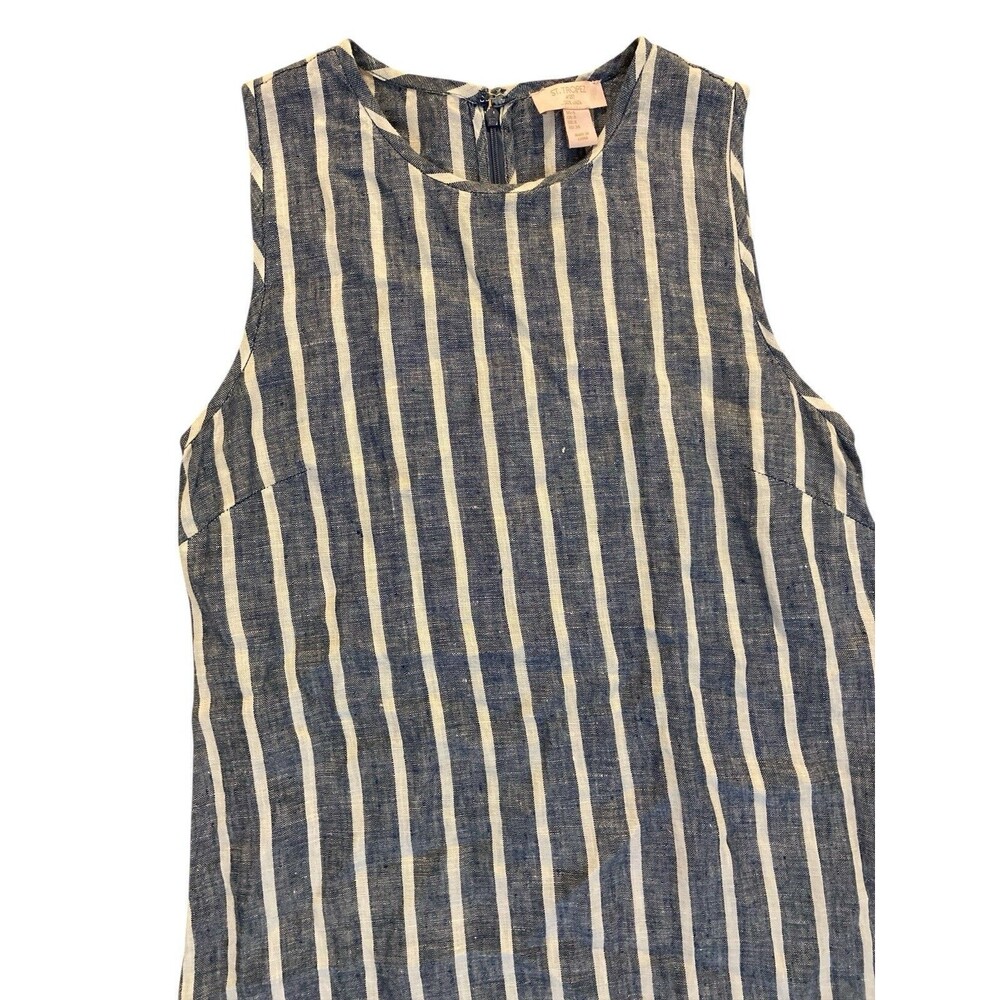 St. Tropez West Blue White Striped Linen Dress Size 4 Sleeveless Shift Summer - Picture 2 of 4